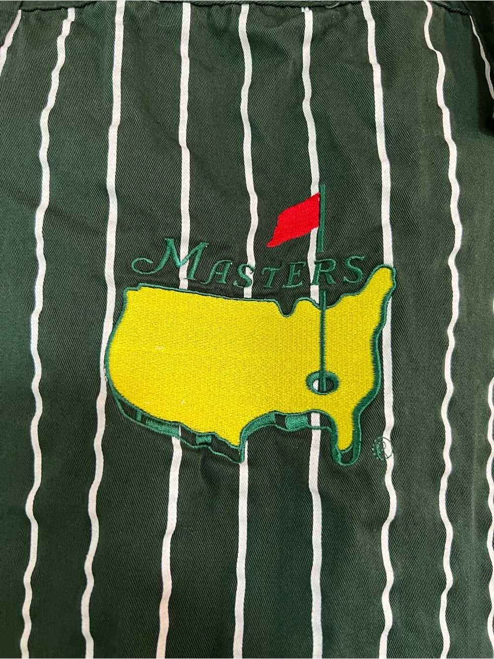 Masters Golf Dark Green Pinstripe Apron with Yellow & Red Golf Emblem